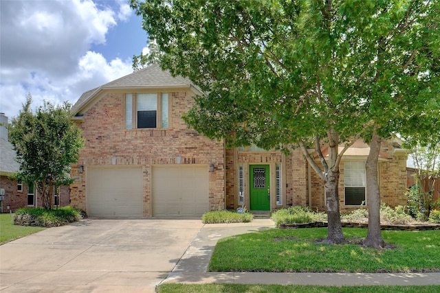 448 Shade Tree Cir, Hurst, TX 76054 - obstructed view of property featuring brick siding, concrete driveway, an attached garage, and a front lawn