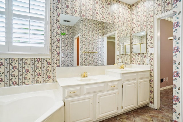 448 Shade Tree Cir, Hurst, TX 76054 - full bath with wallpapered walls, double vanity, and a bath