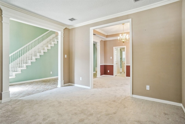 448 Shade Tree Cir, Hurst, TX 76054 - carpeted spare room with ornamental molding, a chandelier, ornate columns, stairway, and a textured ceiling