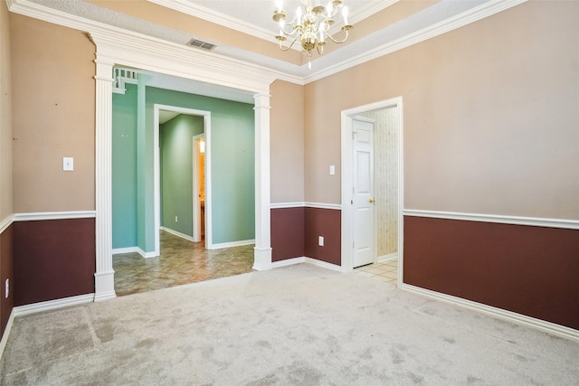 448 Shade Tree Cir, Hurst, TX 76054 - carpeted empty room with a chandelier, crown molding, and ornate columns
