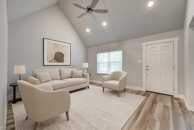 606 E 12th St, Bonham, TX 75418 - living area featuring a ceiling fan, light wood-style flooring, recessed lighting, and high vaulted ceiling