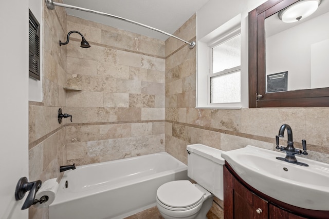 1814 Mary Dr, Euless, TX 76040 - bathroom with bathing tub / shower combination, vanity, tile walls, and decorative backsplash