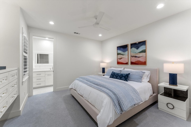 548 Winding Ln, Mount Vernon, TX 75457 - bedroom featuring light carpet, recessed lighting, ceiling fan, and connected bathroom