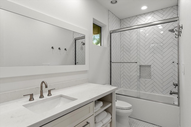 548 Winding Ln, Mount Vernon, TX 75457 - bathroom with vanity, combined bath / shower with glass door, tile patterned floors, and recessed lighting