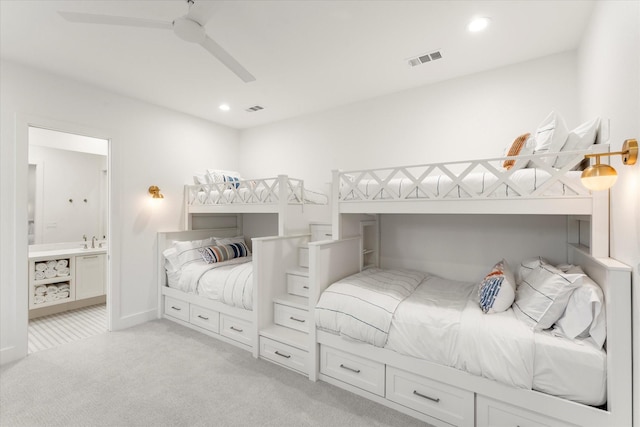 548 Winding Ln, Mount Vernon, TX 75457 - bedroom with light carpet, connected bathroom, recessed lighting, and a ceiling fan