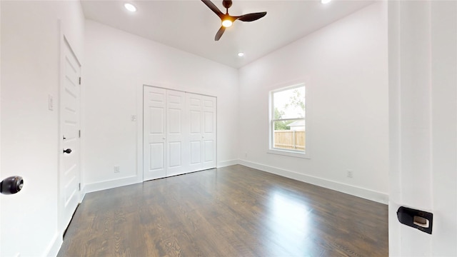 108 Frierson St, Waxahachie, TX 75165 - unfurnished bedroom featuring dark wood-style floors, recessed lighting, ceiling fan, and a closet