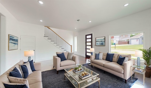 108 Frierson St, Waxahachie, TX 75165 - living area featuring stairway and recessed lighting