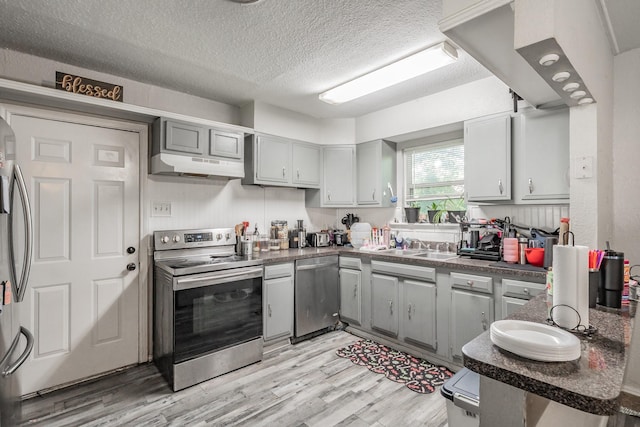 1106 Sunnyvale Dr, Arlington, TX 76010 - kitchen featuring stainless steel appliances, under cabinet range hood, dark countertops, gray cabinetry, and a textured ceiling