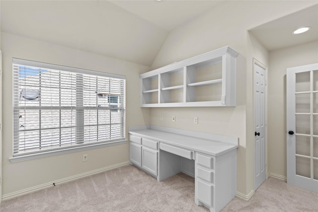 931 N Birdsong Dr, Allen, TX 75013 - unfurnished office featuring light colored carpet, built in desk, and lofted ceiling