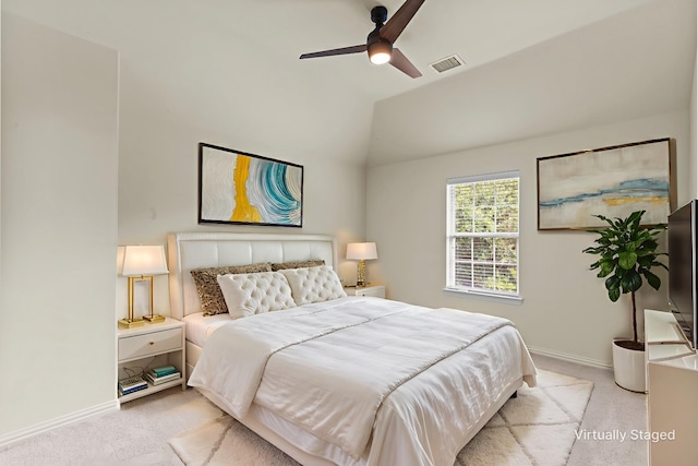 931 N Birdsong Dr, Allen, TX 75013 - bedroom with lofted ceiling, a ceiling fan, and light colored carpet