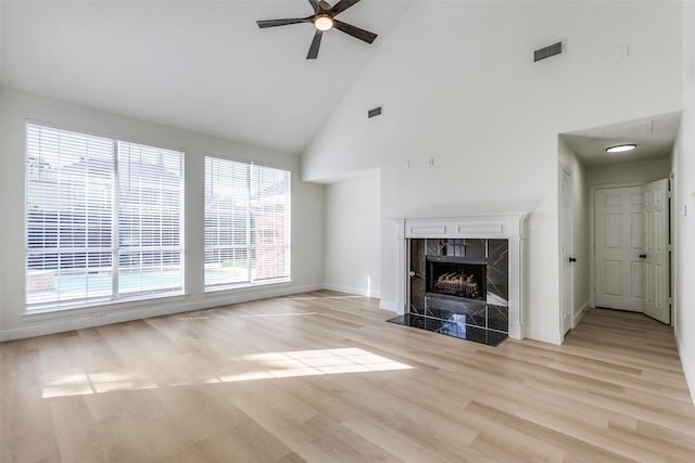 3214 Blair Oak Dr, Rowlett, TX 75089 - unfurnished living room featuring high vaulted ceiling, ceiling fan, plenty of natural light, and light wood finished floors