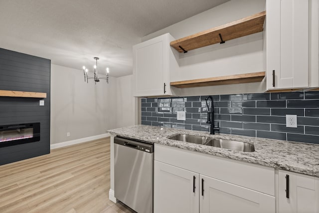 5120 Nadine Dr, Haltom City, TX 76117 - kitchen featuring dishwasher, open shelves, backsplash, white cabinets, and a textured ceiling