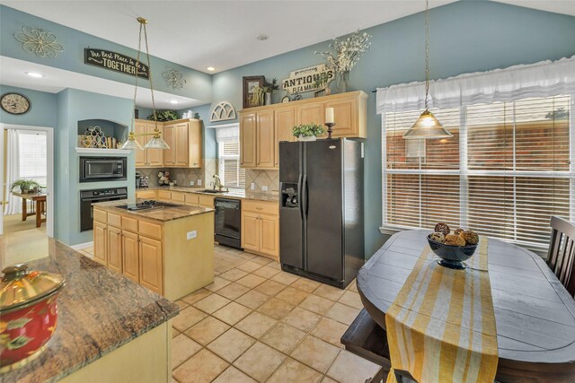2807 Stonehurst Dr, Grapevine, TX 76051 - kitchen with black appliances, light brown cabinetry, decorative backsplash, and plenty of natural light