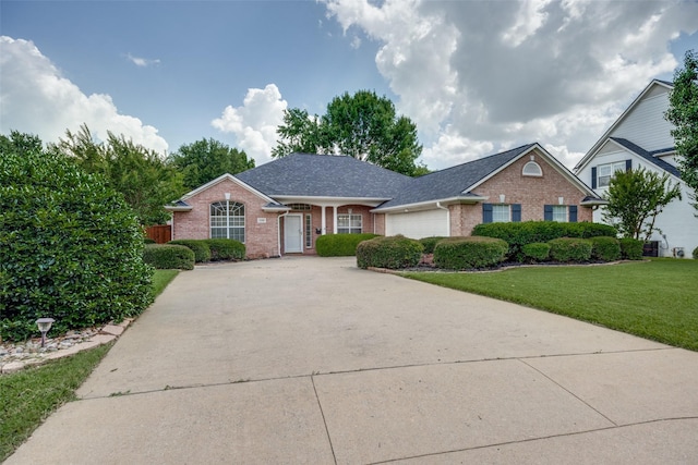 2308 Auburn Ct, Sherman, TX 75092 - ranch-style house with brick siding, a garage, concrete driveway, a front yard, and a shingled roof