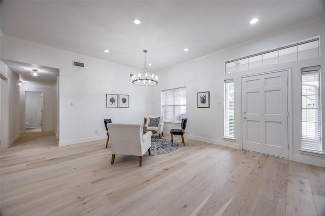 2308 Auburn Ct, Sherman, TX 75092 - dining space featuring crown molding, light wood-style floors, recessed lighting, and a chandelier