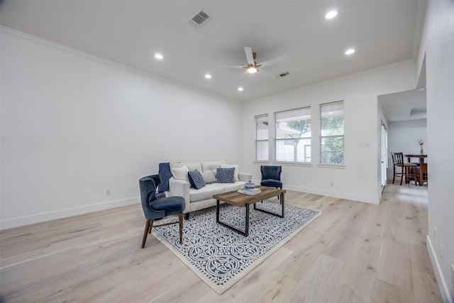 2308 Auburn Ct, Sherman, TX 75092 - living room with crown molding, a ceiling fan, light wood-style flooring, and recessed lighting