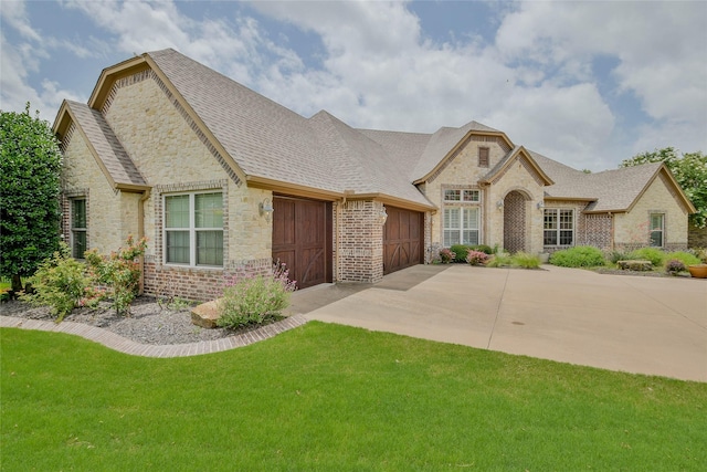 1306 Prestwick Ct, Granbury, TX 76048 - french country home with stone siding, driveway, an attached garage, and brick siding