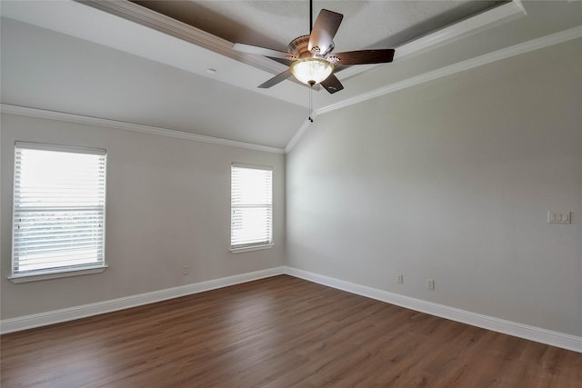 1306 Prestwick Ct, Granbury, TX 76048 - unfurnished room featuring dark wood-style flooring, ceiling fan, vaulted ceiling, and ornamental molding