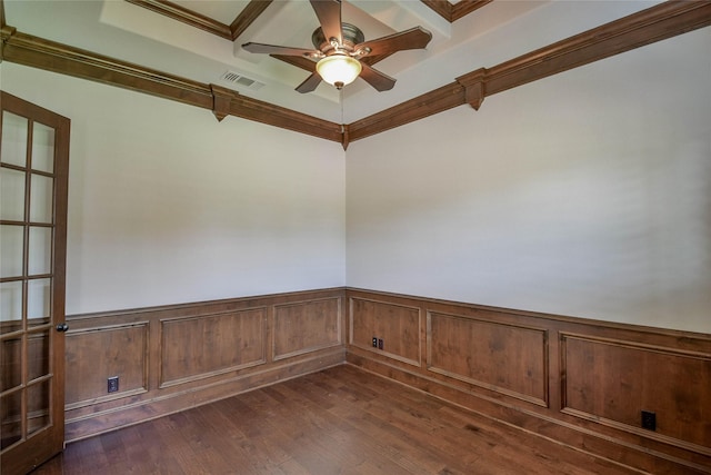 1306 Prestwick Ct, Granbury, TX 76048 - unfurnished room featuring wainscoting, ceiling fan, dark wood finished floors, and ornamental molding