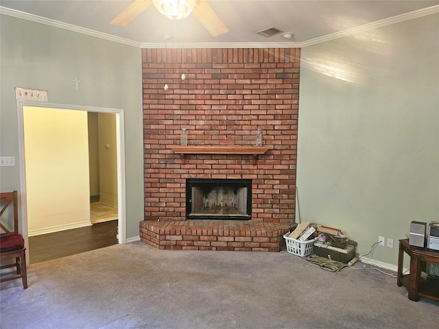 110 Woodcrest Dr, Haughton, LA 71037 - living area with carpet, ceiling fan, ornamental molding, and a brick fireplace