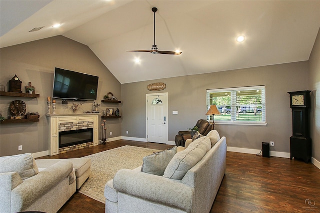 140 Stark Ln, Sherman, TX 75090 - living area with ceiling fan, dark wood finished floors, a fireplace, and high vaulted ceiling
