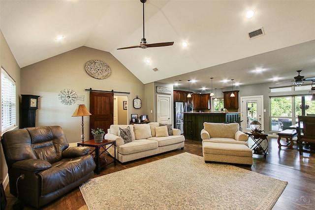 140 Stark Ln, Sherman, TX 75090 - living room featuring a ceiling fan, a barn door, healthy amount of natural light, high vaulted ceiling, and recessed lighting