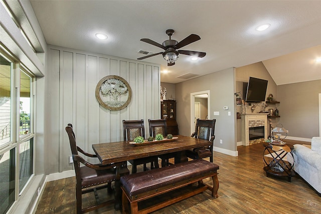 140 Stark Ln, Sherman, TX 75090 - dining area featuring dark wood-type flooring, a fireplace, a ceiling fan, and recessed lighting