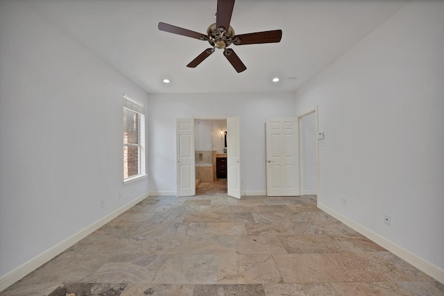 4418 Spring Garden Dr, Arlington, TX 76016 - empty room featuring light stone finish floors, ceiling fan, and recessed lighting