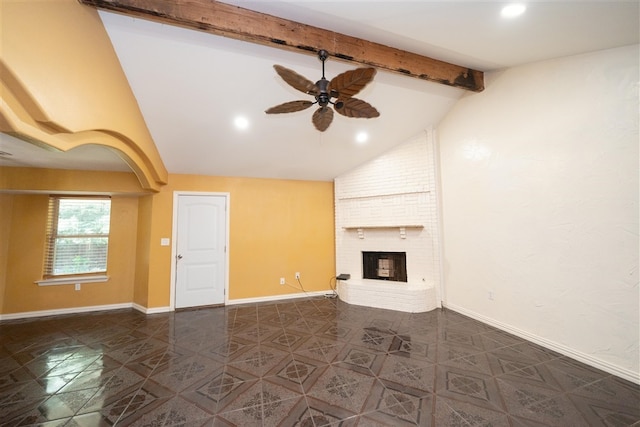 1825 E Shore Dr, Dallas, TX 75217 - unfurnished living room featuring ceiling fan, beam ceiling, a fireplace, recessed lighting, and tile patterned flooring