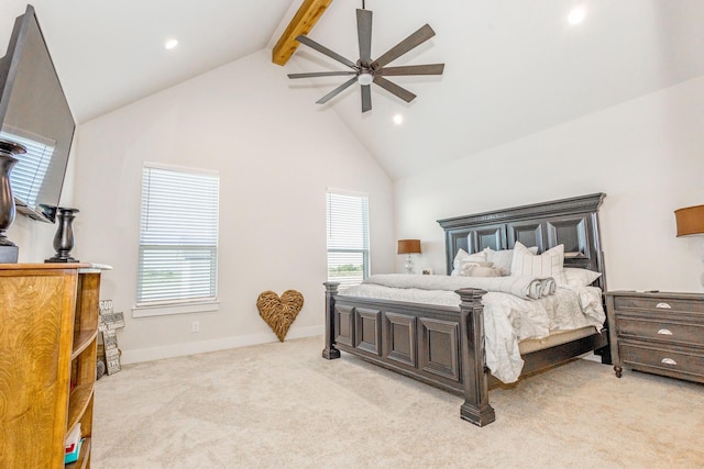 9209 Old Stoney Rd, Ponder, TX 76259 - bedroom featuring beam ceiling, multiple windows, recessed lighting, high vaulted ceiling, and light colored carpet