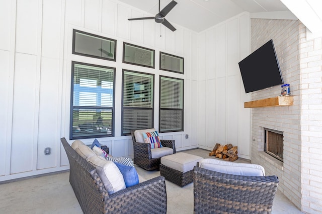 9209 Old Stoney Rd, Ponder, TX 76259 - view of patio / terrace with a ceiling fan and an outdoor living space with a fireplace