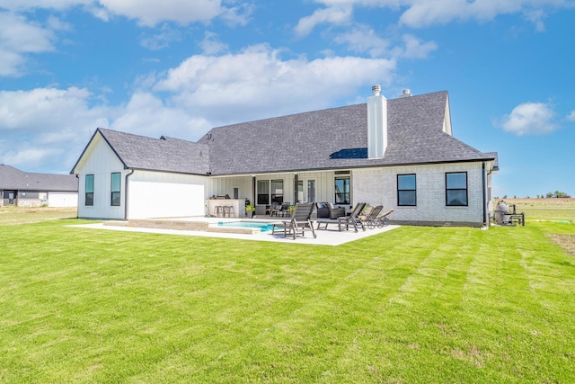 9209 Old Stoney Rd, Ponder, TX 76259 - back of property featuring a patio area, a yard, a chimney, roof with shingles, and an outdoor pool