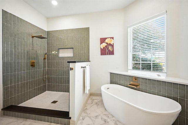 901 Bluebird Ct, Burleson, TX 76028 - bathroom featuring marble finish flooring, a soaking tub, walk in shower, and recessed lighting