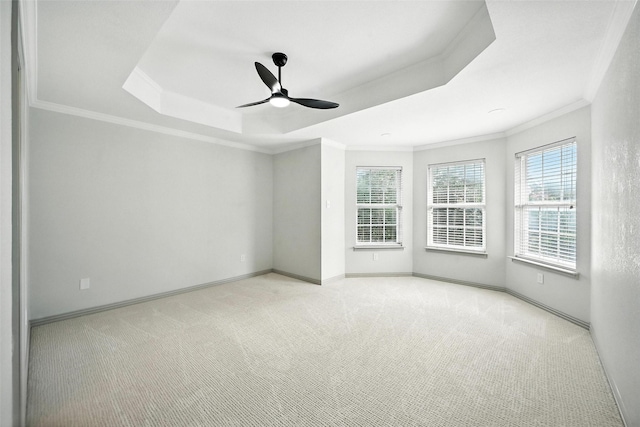 901 Bluebird Ct, Burleson, TX 76028 - carpeted spare room with a tray ceiling, a ceiling fan, ornamental molding, and healthy amount of natural light