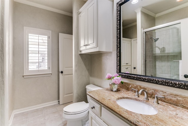 11937 Edgestone Rd, Dallas, TX 75230 - bathroom with ornamental molding, vanity, a shower stall, and tile patterned flooring
