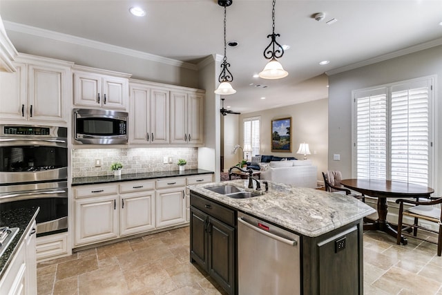 11937 Edgestone Rd, Dallas, TX 75230 - kitchen featuring appliances with stainless steel finishes, decorative backsplash, dark stone counters, pendant lighting, and recessed lighting