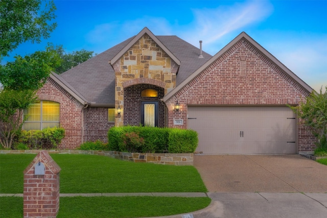 306 Spruce Trl, Forney, TX 75126 - view of front of home featuring brick siding, an attached garage, driveway, a front yard, and stone siding