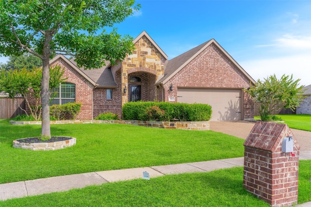 306 Spruce Trl, Forney, TX 75126 - view of front of home featuring brick siding, a front yard, an attached garage, driveway, and stone siding