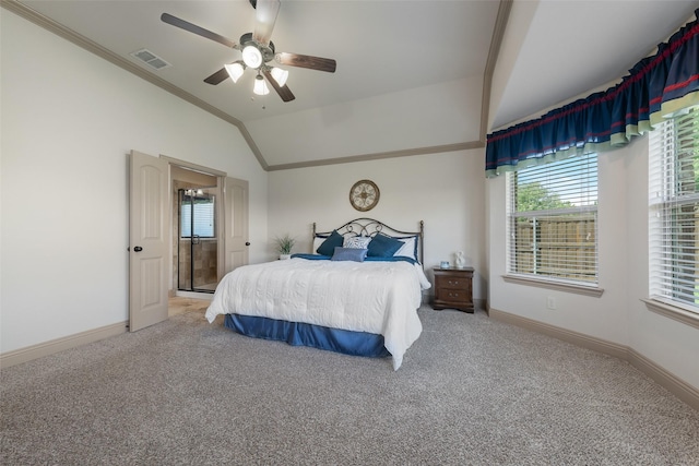 306 Spruce Trl, Forney, TX 75126 - bedroom featuring carpet, crown molding, multiple windows, vaulted ceiling, and a ceiling fan