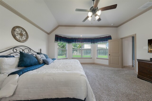 306 Spruce Trl, Forney, TX 75126 - bedroom with crown molding, carpet flooring, lofted ceiling, and a ceiling fan