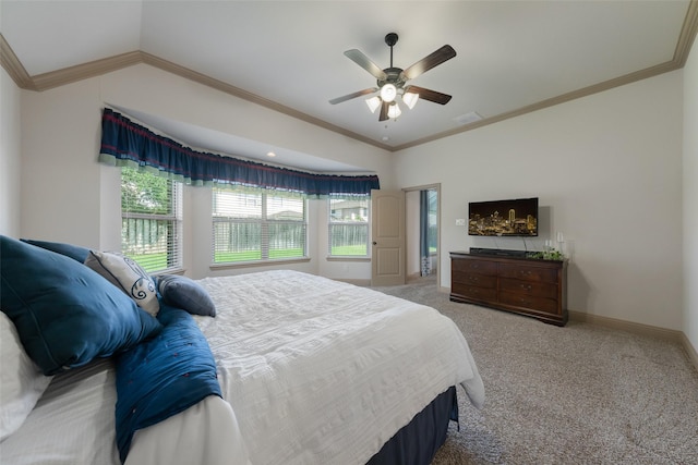 306 Spruce Trl, Forney, TX 75126 - bedroom with multiple windows, ornamental molding, vaulted ceiling, carpet floors, and a ceiling fan