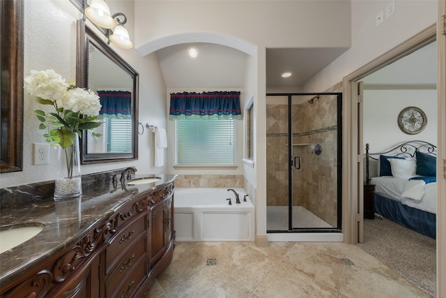 306 Spruce Trl, Forney, TX 75126 - full bath featuring a garden tub, a stall shower, double vanity, tile patterned floors, and connected bathroom