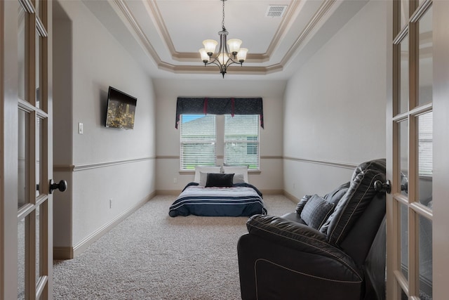 306 Spruce Trl, Forney, TX 75126 - sitting room with a chandelier, a raised ceiling, carpet floors, ornamental molding, and french doors