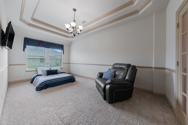 306 Spruce Trl, Forney, TX 75126 - carpeted bedroom with a tray ceiling, ornamental molding, and a chandelier