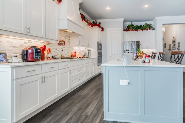 5616 Traveller Dr, North Richland Hills, TX 76180 - kitchen featuring premium range hood, crown molding, tasteful backsplash, light countertops, and white cabinets