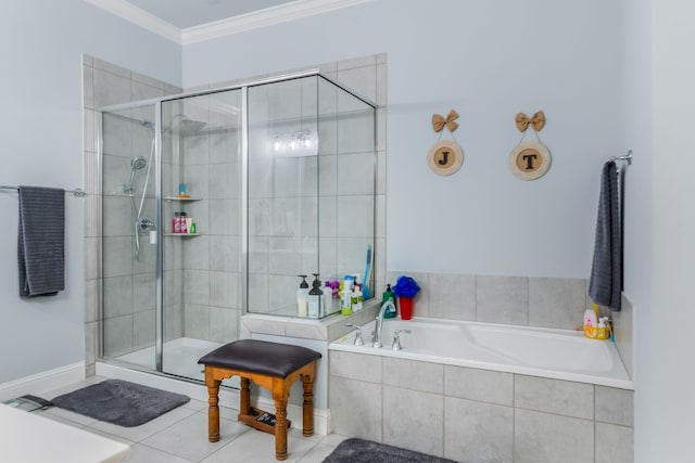 5616 Traveller Dr, North Richland Hills, TX 76180 - bathroom featuring a garden tub, a shower stall, tile patterned flooring, and ornamental molding