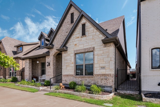5616 Traveller Dr, North Richland Hills, TX 76180 - french country style house featuring a gate, stone siding, a shingled roof, and a porch