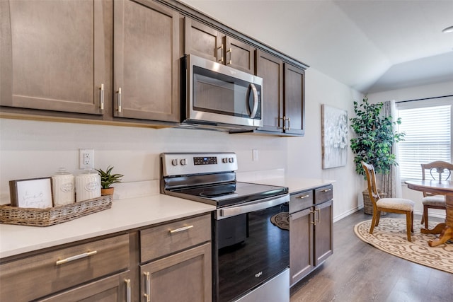 819 Twin Edge Dr, Royse City, TX 75189 - kitchen with stainless steel appliances, dark wood-style flooring, light countertops, and lofted ceiling