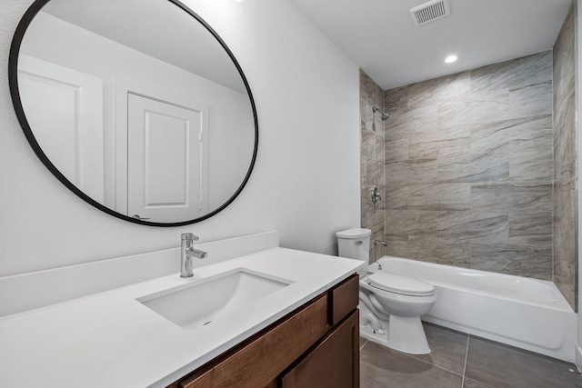 3763 Wenatche Dr, Dallas, TX 75233 - bathroom with vanity, bathing tub / shower combination, tile patterned floors, and recessed lighting