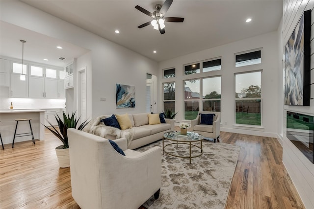 1403 Pueblo St, Dallas, TX 75212 - living room featuring a ceiling fan, light wood-style flooring, and recessed lighting